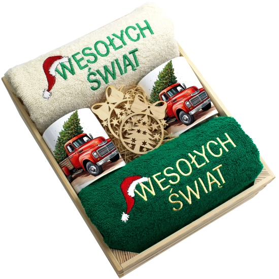 ZESTAW PREZENT ŚWIĄTECZNY KOMPLET KUBKI RĘCZNIKI W SKRZYNCE ŚWIĘTA MIKOŁAJ