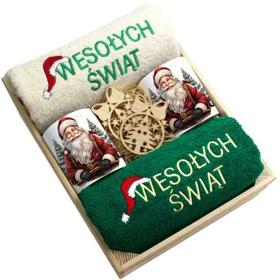 ZESTAW PREZENT ŚWIĄTECZNY KOMPLET KUBKI RĘCZNIKI W SKRZYNCE ŚWIĘTA MIKOŁAJ