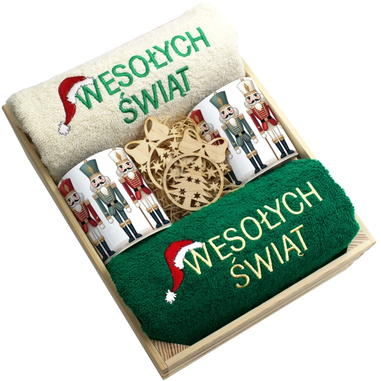ZESTAW PREZENT ŚWIĄTECZNY KOMPLET KUBKI RĘCZNIKI W SKRZYNCE ŚWIĘTA MIKOŁAJ