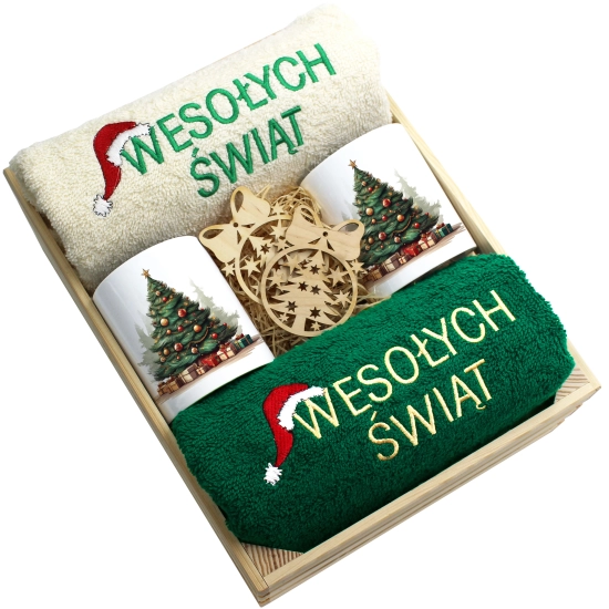 ZESTAW PREZENT ŚWIĄTECZNY KOMPLET KUBKI RĘCZNIKI W SKRZYNCE ŚWIĘTA MIKOŁAJ