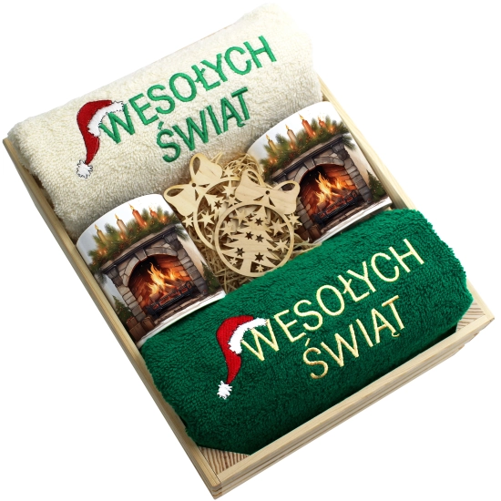 ZESTAW PREZENT ŚWIĄTECZNY KOMPLET KUBKI RĘCZNIKI W SKRZYNCE ŚWIĘTA MIKOŁAJ