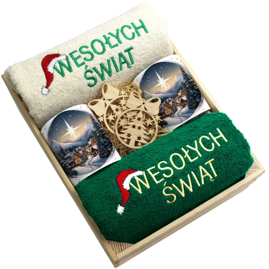ZESTAW PREZENT ŚWIĄTECZNY KOMPLET KUBKI RĘCZNIKI W SKRZYNCE ŚWIĘTA MIKOŁAJ