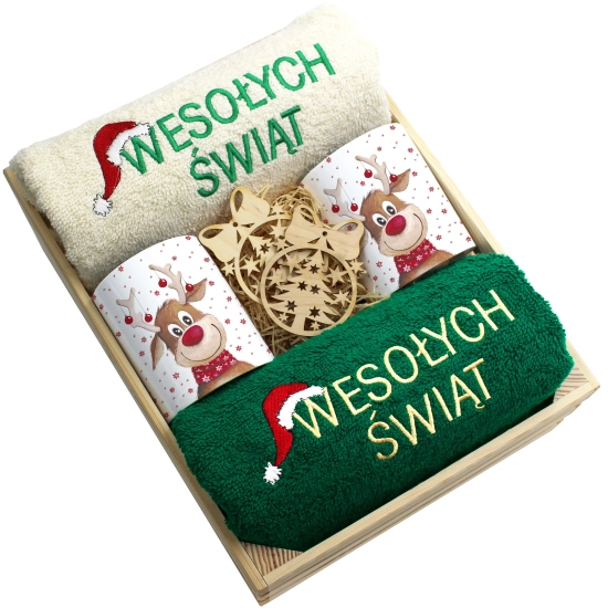 ZESTAW PREZENT ŚWIĄTECZNY KOMPLET KUBKI RĘCZNIKI W SKRZYNCE ŚWIĘTA MIKOŁAJ