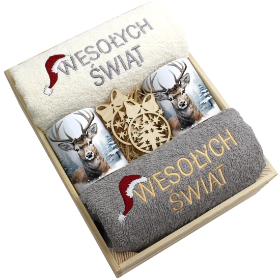 ZESTAW PREZENT ŚWIĄTECZNY KOMPLET KUBKI RĘCZNIKI W SKRZYNCE ŚWIĘTA MIKOŁAJ