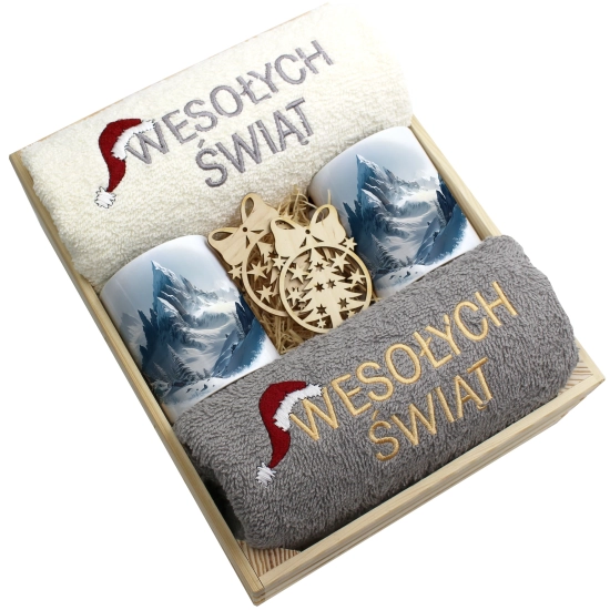 ZESTAW PREZENT ŚWIĄTECZNY KOMPLET KUBKI RĘCZNIKI W SKRZYNCE ŚWIĘTA MIKOŁAJ