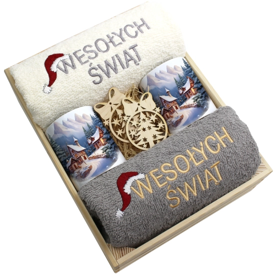 ZESTAW PREZENT ŚWIĄTECZNY KOMPLET KUBKI RĘCZNIKI W SKRZYNCE ŚWIĘTA MIKOŁAJ
