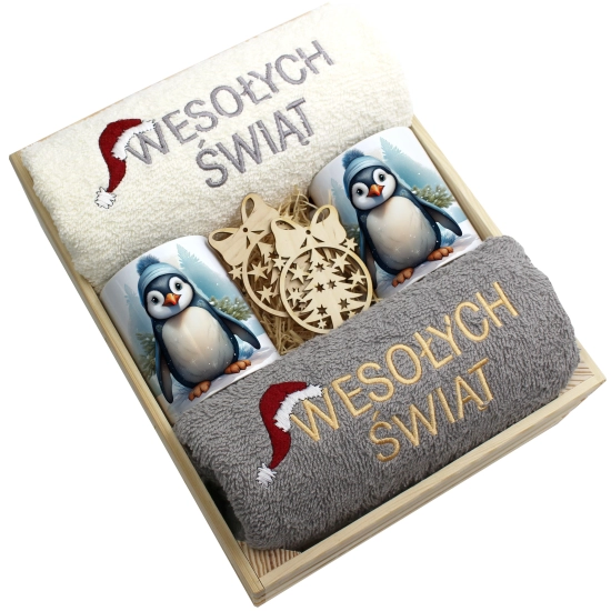 ZESTAW PREZENT ŚWIĄTECZNY KOMPLET KUBKI RĘCZNIKI W SKRZYNCE ŚWIĘTA MIKOŁAJ