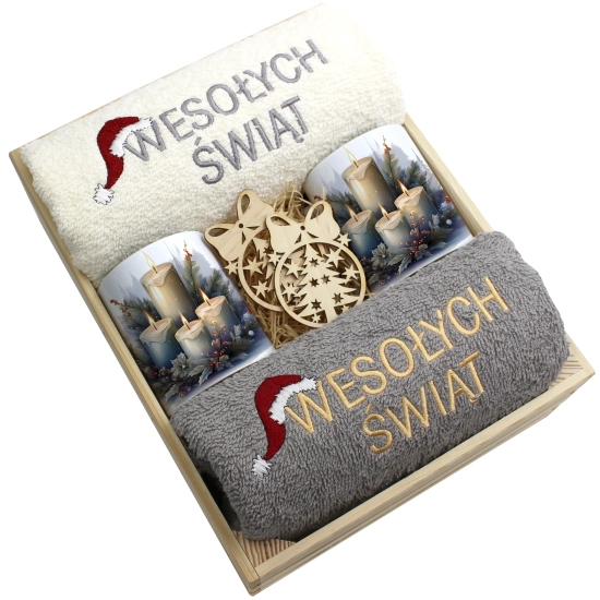 ZESTAW PREZENT ŚWIĄTECZNY KOMPLET KUBKI RĘCZNIKI W SKRZYNCE ŚWIĘTA MIKOŁAJ
