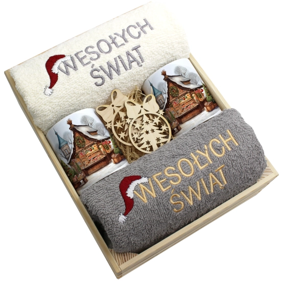 ZESTAW PREZENT ŚWIĄTECZNY KOMPLET KUBKI RĘCZNIKI W SKRZYNCE ŚWIĘTA MIKOŁAJ