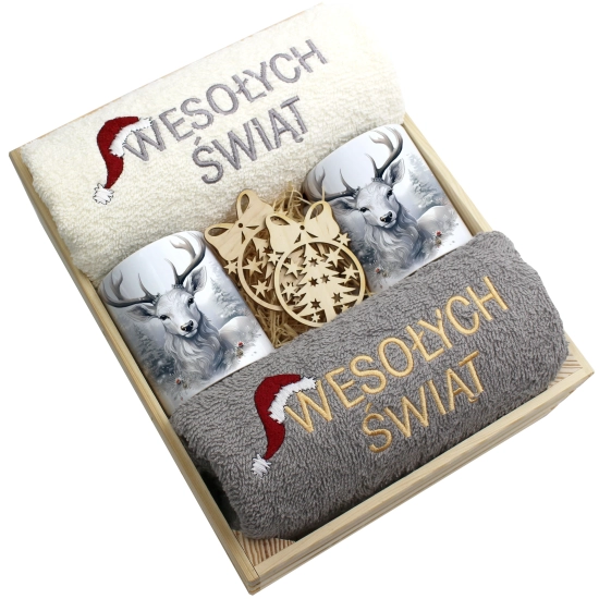 ZESTAW PREZENT ŚWIĄTECZNY KOMPLET KUBKI RĘCZNIKI W SKRZYNCE ŚWIĘTA MIKOŁAJ