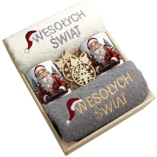 ZESTAW PREZENT ŚWIĄTECZNY KOMPLET KUBKI RĘCZNIKI W SKRZYNCE ŚWIĘTA MIKOŁAJ
