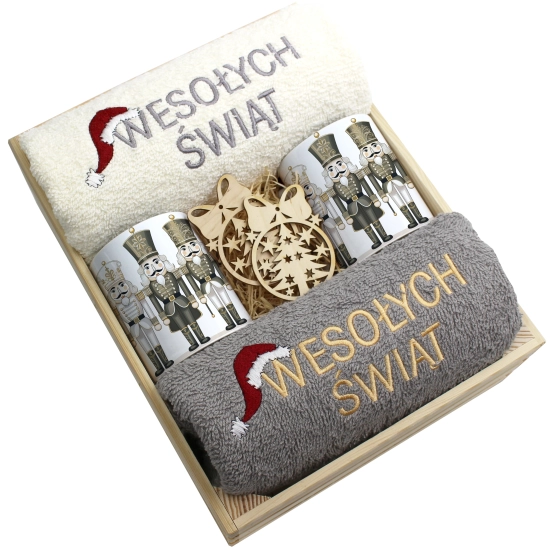 ZESTAW PREZENT ŚWIĄTECZNY KOMPLET KUBKI RĘCZNIKI W SKRZYNCE ŚWIĘTA MIKOŁAJ