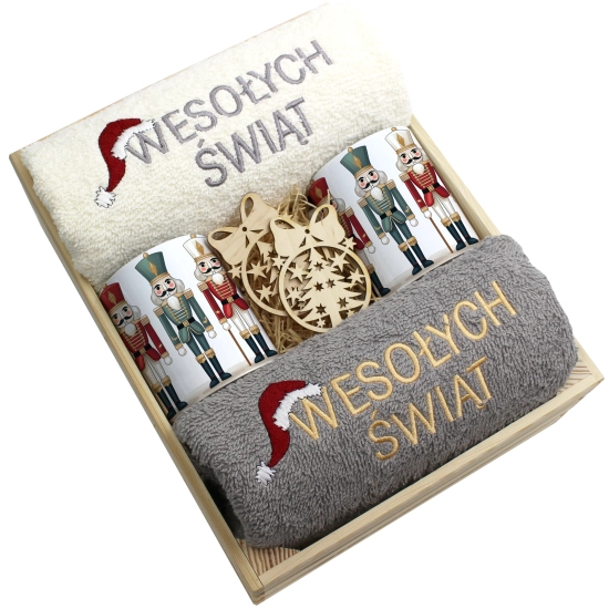 ZESTAW PREZENT ŚWIĄTECZNY KOMPLET KUBKI RĘCZNIKI W SKRZYNCE ŚWIĘTA MIKOŁAJ