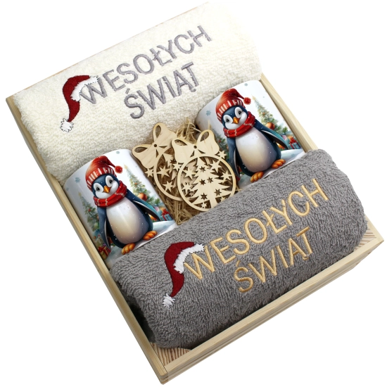 ZESTAW PREZENT ŚWIĄTECZNY KOMPLET KUBKI RĘCZNIKI W SKRZYNCE ŚWIĘTA MIKOŁAJ