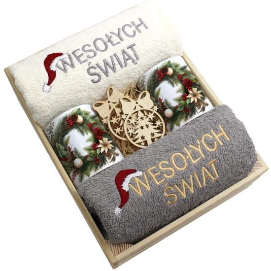 ZESTAW PREZENT ŚWIĄTECZNY KOMPLET KUBKI RĘCZNIKI W SKRZYNCE ŚWIĘTA MIKOŁAJ
