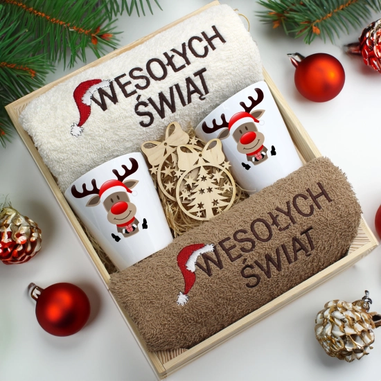 ZESTAW PREZENT ŚWIĄTECZNY KUBKI LATTE RĘCZNIKI W SKRZYNCE ŚWIĘTA MIKOŁAJ