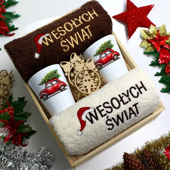 ZESTAW PREZENT ŚWIĄTECZNY KUBKI LATTE RĘCZNIKI W SKRZYNCE ŚWIĘTA MIKOŁAJ
