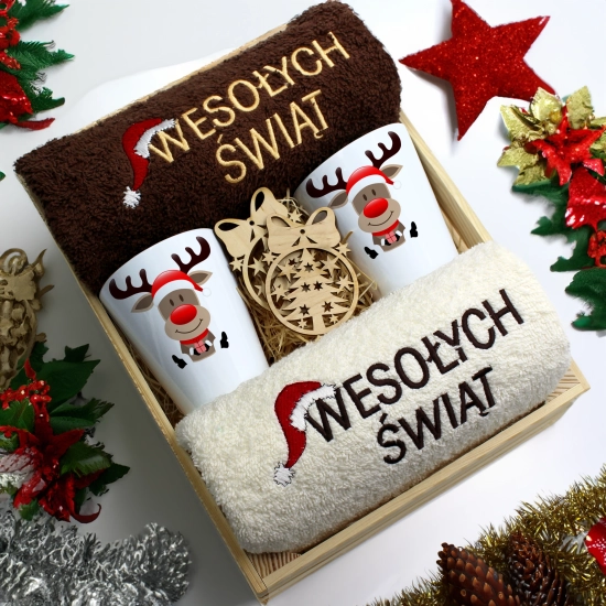 ZESTAW PREZENT ŚWIĄTECZNY KUBKI LATTE RĘCZNIKI W SKRZYNCE ŚWIĘTA MIKOŁAJ