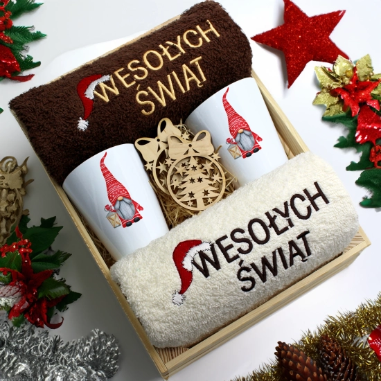 ZESTAW PREZENT ŚWIĄTECZNY KUBKI LATTE RĘCZNIKI W SKRZYNCE ŚWIĘTA MIKOŁAJ