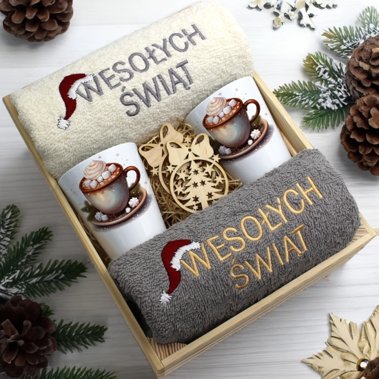 ZESTAW PREZENT ŚWIĄTECZNY KUBKI LATTE RĘCZNIKI W SKRZYNCE ŚWIĘTA MIKOŁAJ