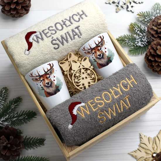 ZESTAW PREZENT ŚWIĄTECZNY KUBKI LATTE RĘCZNIKI W SKRZYNCE ŚWIĘTA MIKOŁAJ
