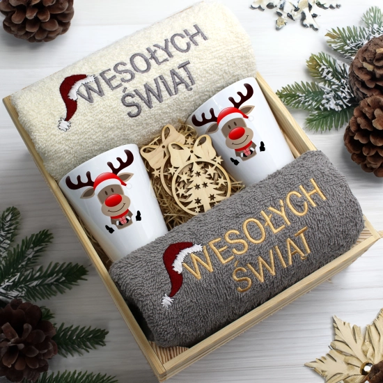 ZESTAW PREZENT ŚWIĄTECZNY KUBKI LATTE RĘCZNIKI W SKRZYNCE ŚWIĘTA MIKOŁAJ