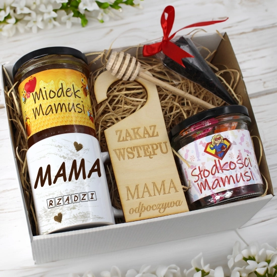 KOMPLET PREZENTOWY DLA MAMY KUBEK, MIÓD i SŁODYCZE PREZENT DZIEŃ MATKI MAMA