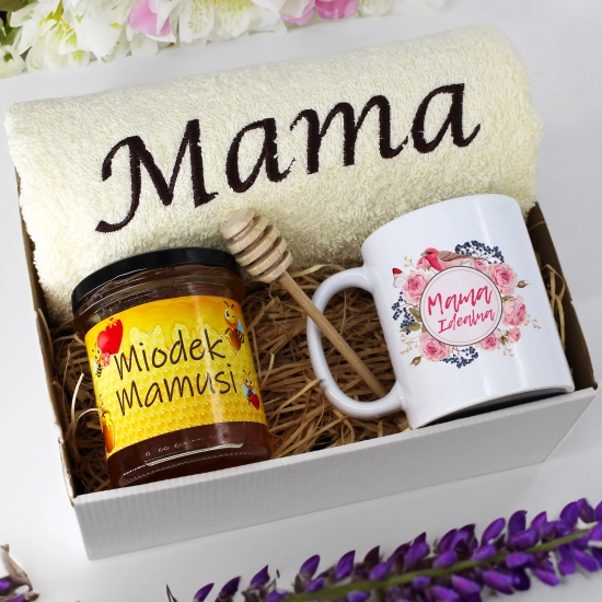 KOMPLET DLA MAMY RĘCZNIK Z HAFTEM + KUBEK + MIÓD PREZENT DZIEŃ MATKI MAMA