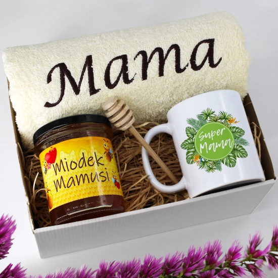 KOMPLET DLA MAMY RĘCZNIK Z HAFTEM + KUBEK + MIÓD PREZENT DZIEŃ MATKI MAMA