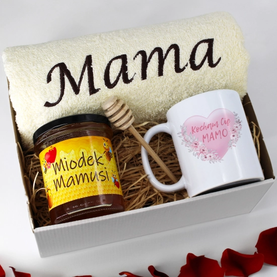 KOMPLET DLA MAMY RĘCZNIK Z HAFTEM + KUBEK + MIÓD PREZENT DZIEŃ MATKI MAMA