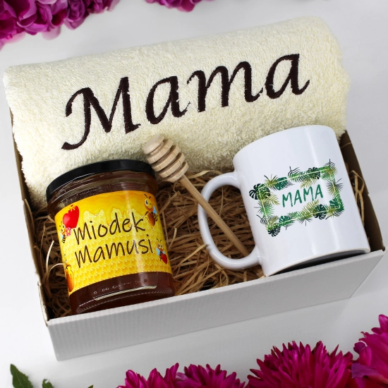 KOMPLET DLA MAMY RĘCZNIK Z HAFTEM + KUBEK + MIÓD PREZENT DZIEŃ MATKI MAMA