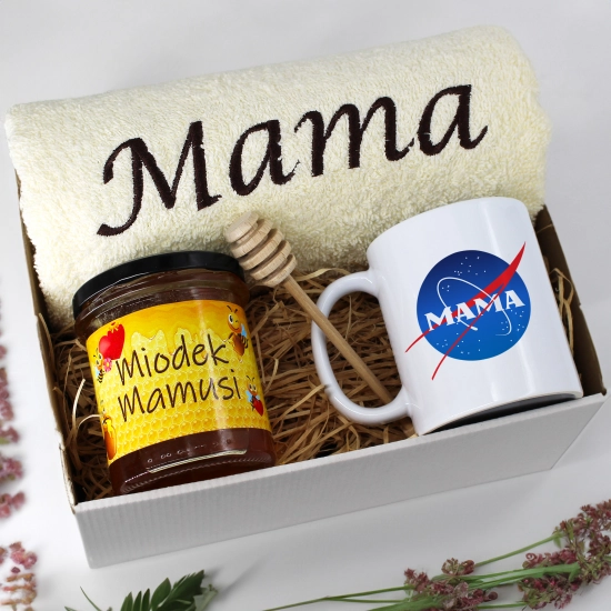 KOMPLET DLA MAMY RĘCZNIK Z HAFTEM + KUBEK + MIÓD PREZENT DZIEŃ MATKI MAMA