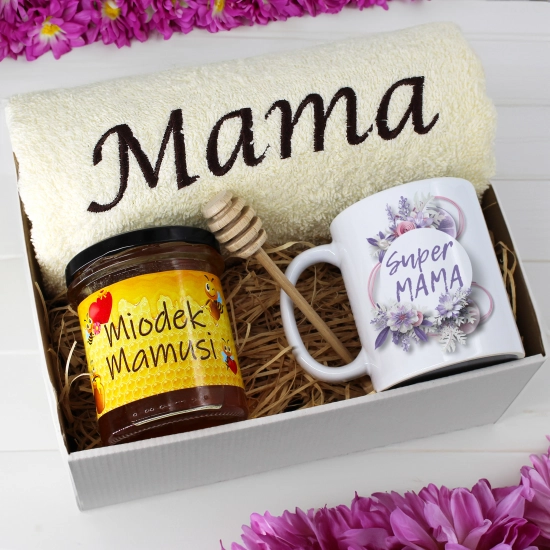 KOMPLET DLA MAMY RĘCZNIK Z HAFTEM + KUBEK + MIÓD PREZENT DZIEŃ MATKI MAMA