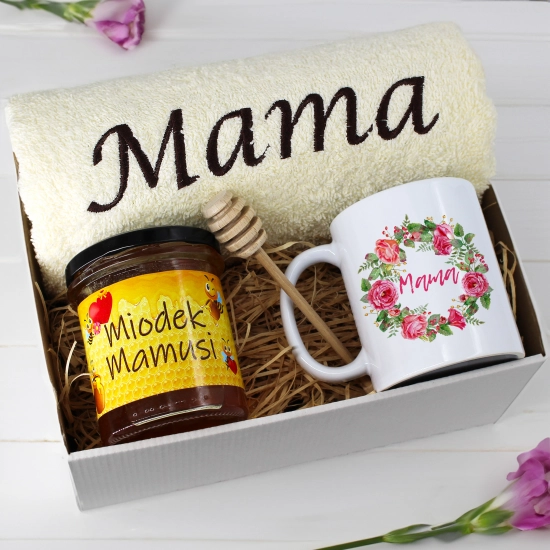 KOMPLET DLA MAMY RĘCZNIK Z HAFTEM + KUBEK + MIÓD PREZENT DZIEŃ MATKI MAMA