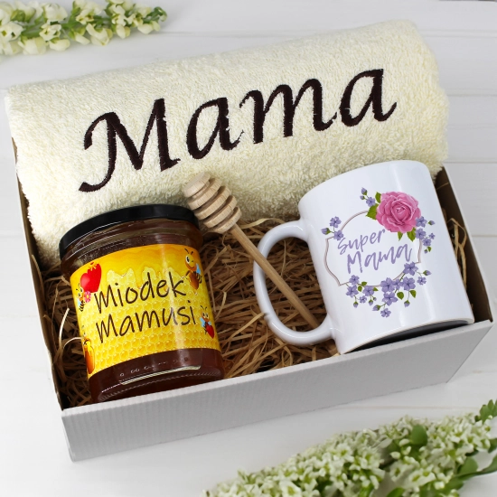 KOMPLET DLA MAMY RĘCZNIK Z HAFTEM + KUBEK + MIÓD PREZENT DZIEŃ MATKI MAMA
