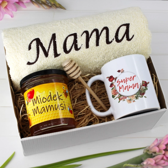 KOMPLET DLA MAMY RĘCZNIK Z HAFTEM + KUBEK + MIÓD PREZENT DZIEŃ MATKI MAMA