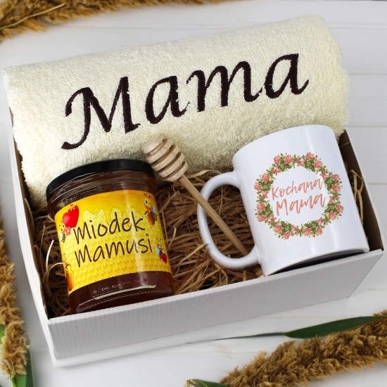 KOMPLET DLA MAMY RĘCZNIK Z HAFTEM + KUBEK + MIÓD PREZENT DZIEŃ MATKI MAMA