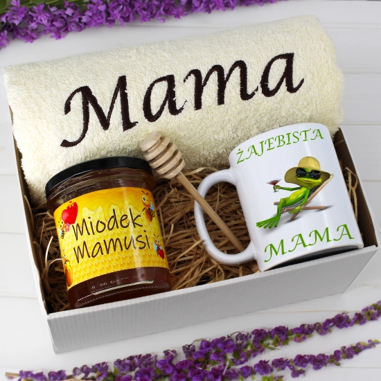 KOMPLET DLA MAMY RĘCZNIK Z HAFTEM + KUBEK + MIÓD PREZENT DZIEŃ MATKI MAMA