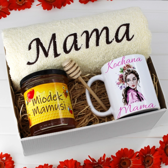 KOMPLET DLA MAMY RĘCZNIK Z HAFTEM + KUBEK + MIÓD PREZENT DZIEŃ MATKI MAMA
