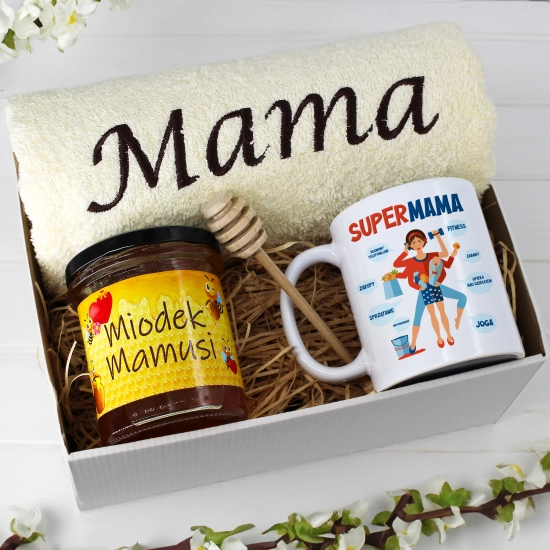 KOMPLET DLA MAMY RĘCZNIK Z HAFTEM + KUBEK + MIÓD PREZENT DZIEŃ MATKI MAMA