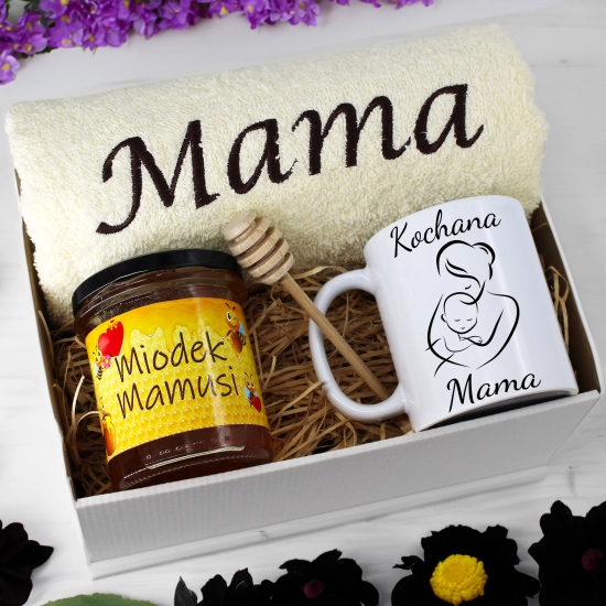 KOMPLET DLA MAMY RĘCZNIK Z HAFTEM + KUBEK + MIÓD PREZENT DZIEŃ MATKI MAMA