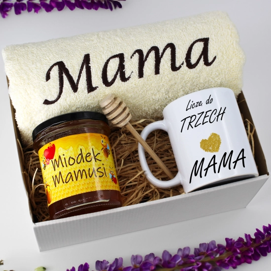 KOMPLET DLA MAMY RĘCZNIK Z HAFTEM + KUBEK + MIÓD PREZENT DZIEŃ MATKI MAMA