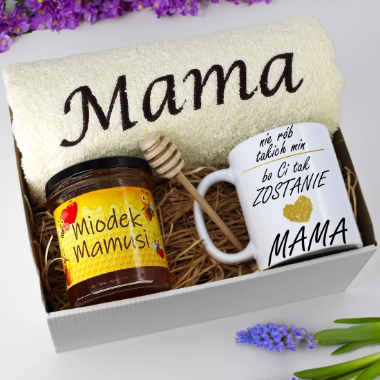 KOMPLET DLA MAMY RĘCZNIK Z HAFTEM + KUBEK + MIÓD PREZENT DZIEŃ MATKI MAMA