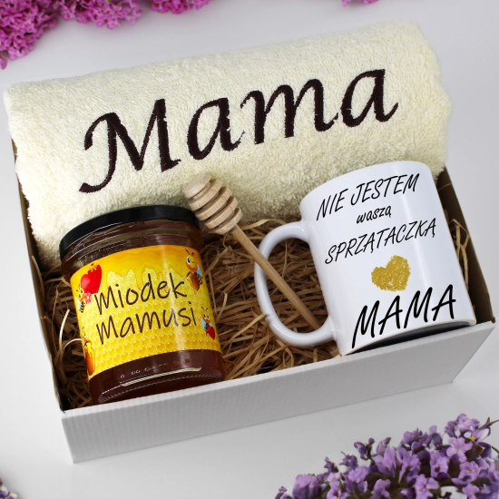 KOMPLET DLA MAMY RĘCZNIK Z HAFTEM + KUBEK + MIÓD PREZENT DZIEŃ MATKI MAMA