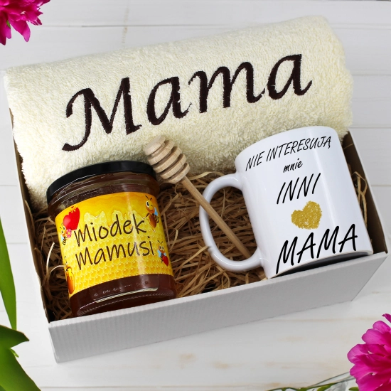 KOMPLET DLA MAMY RĘCZNIK Z HAFTEM + KUBEK + MIÓD PREZENT DZIEŃ MATKI MAMA