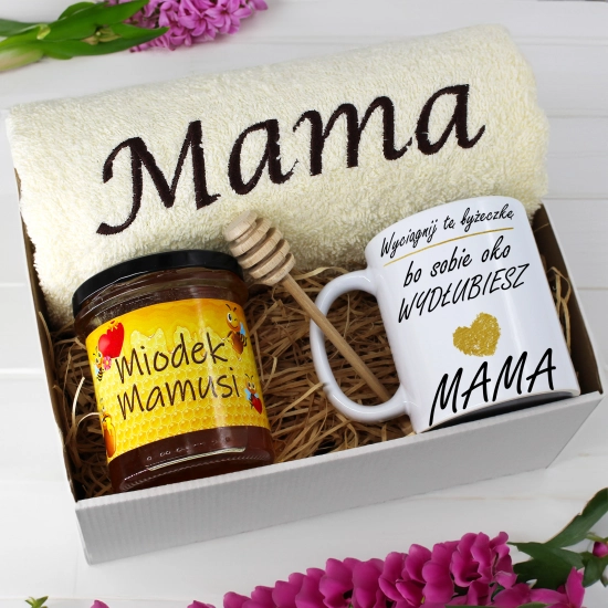 KOMPLET DLA MAMY RĘCZNIK Z HAFTEM + KUBEK + MIÓD PREZENT DZIEŃ MATKI MAMA