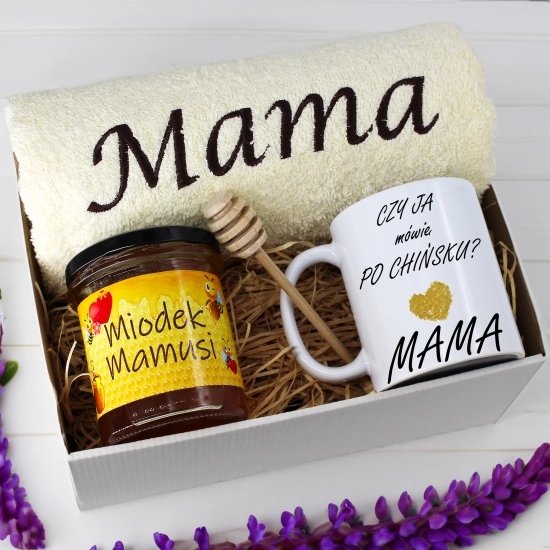 KOMPLET DLA MAMY RĘCZNIK Z HAFTEM + KUBEK + MIÓD PREZENT DZIEŃ MATKI MAMA