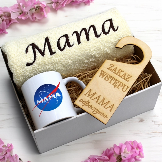 KOMPLET DLA MAMY RĘCZNIK Z HAFTEM + KUBEK 330ml NA PREZENT DZIEŃ MATKI MAMA