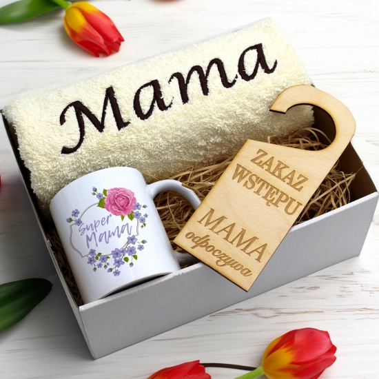 KOMPLET DLA MAMY RĘCZNIK Z HAFTEM + KUBEK 330ml NA PREZENT DZIEŃ MATKI MAMA