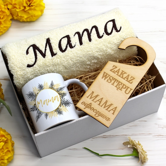 KOMPLET DLA MAMY RĘCZNIK Z HAFTEM + KUBEK 330ml NA PREZENT DZIEŃ MATKI MAMA